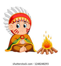 vector illustration of Male north american indian sitting before a fire