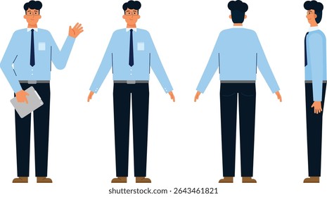 Vector illustration of a male office character shown in multiple angles: front, back, side, and waving pose. Flat design style, suitable for animation, business presentations, character creation, expl