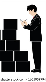 Vector illustration of male office worker at work recording inventory.