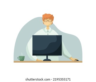 Ilustración vectorial de un empleado de oficina que trabaja en un escritorio con una computadora. Estilo plano