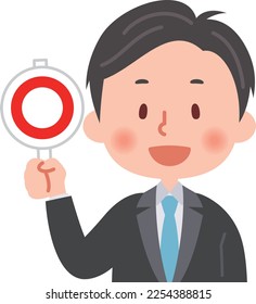 Vector illustration of a male office worker with a correct answer mark.