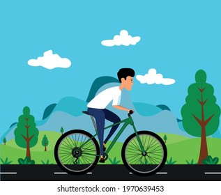 Vector illustration - male on a bicycle. Park, forest, trees and hills in winter. World car free day. the use of the bicycle as a means of transport.
