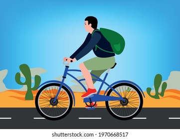Vector illustration - male on a bicycle. Park, forest, trees and hills in winter. World car free day. the use of the bicycle as a means of transport.