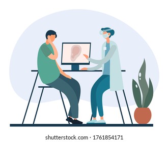 Ilustración vectorial de un paciente varón con dolor de oído grave sentado cerca de la mesa con el ordenador y hablando con un otolaringólogo durante la visita al hospital