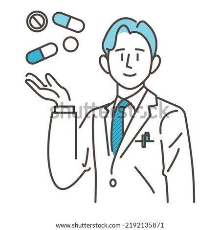 Vector illustration of a male pharmacist in a white coat smiling as he guides a pharmaceutical product onto his palm.