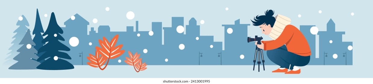 Vector illustration of a male photographer taking pictures of spring plants after winter. Landscape of nature and buildings