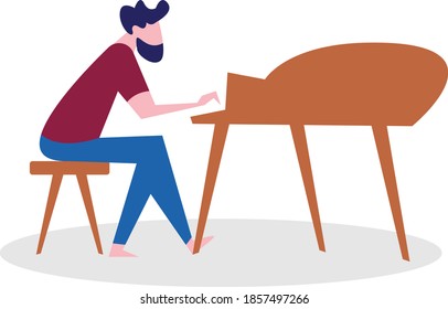
Vector illustration of male pianist in red shirt with blue pants playing black piano. Hobby at home, flat design.