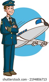 vector illustration of male pilot in airport background