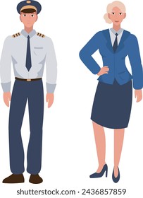 Vector illustration of a male pilot and female flight attendant in professional aviation attire. Airline crew in uniform.