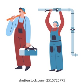 A vector illustration of a male plumber repairing a water leak. Flat style with simple colors. Isolated on white background. Suitable for plumbing service advertisements.