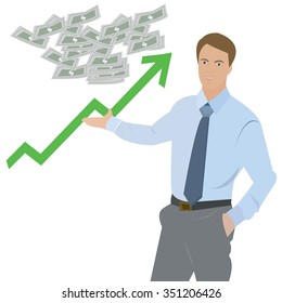 Vector illustration male points to a growing chart and money