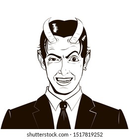 Vector illustration. Male portrait of a malevolent laughing devil businessman with horns. Black and white linear sketch ink style.