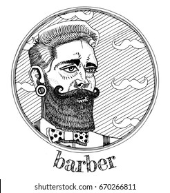 Vector illustration of male portrait profession barber. Ink drawn style.