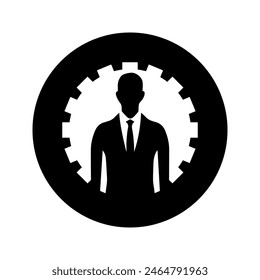 Vector illustration male profile icon. Black round logo with gear and male in suit silhouette, representing engineering and workforce. Ideal for technical services, business and professional branding.