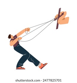 Vector illustration of a male puppet striving to free itself from the ropes, signifying independence from manipulation. Symbolizes the concept of freedom. A person freed from manipulation.