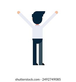 Vector illustration of a male raise hand character. Poses, back. A man in white shirt is standing. Flat design, isolated on white background.