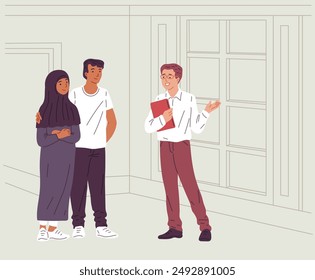 Vector illustration of a male realtor showing an apartment to a Muslim married couple. Real estate business concept involving brokerage services and real estate agent. Cartoon flat style.