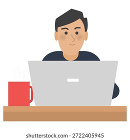Ilustração vetorial de um profissional remoto do sexo masculino com um notebook