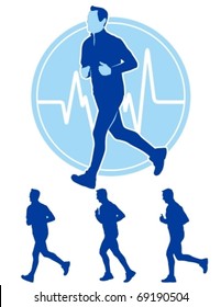 Vector illustration of male runner with pulse trace.