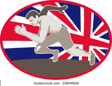vector illustration of a male runner track and field athlete with union jack great britain british flag in background set inside oval.