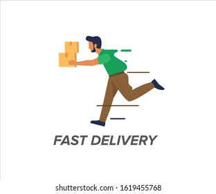 Vector Illustration of male running courier packages, Fast Delivery. 