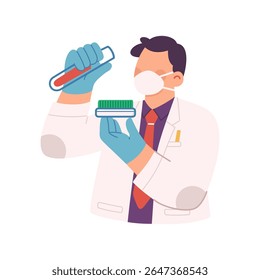 Ilustração vetorial de um cientista do sexo masculino vestindo jaleco e máscara protetora, conduzindo experimentos em variedades de plantas em um ambiente de laboratório de alta tecnologia, inovação para a agricultura futura