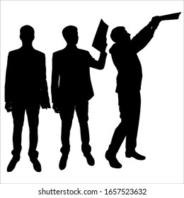 Vector illustration male silhouette in a business suit. Three different positions: stands right with a folder in your hands. Holds the folder at head level. Lays the document on top. Hands raised high