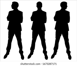 Vector illustration male silhouette in a business suit. Man stands straight and holds his hands on his chest, looks straight ahead, looks sideways. Black shadows isolated on a white background.