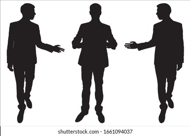 Vector illustration male silhouette demonstrates. Businessman in a suit shows his hand. Arm is set aside. Set of three black silhouettes isolated on white background. Man holds in his hands. Walking.