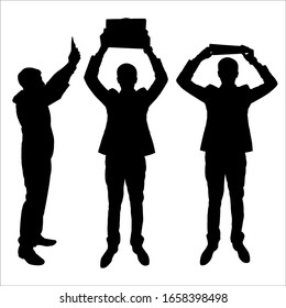 Vector illustration of a male silhouette in profile and full face. Man with a tablet in his hands. Protest, strike, referee, player substitution, demonstration. Businessman in a suit with a folder.