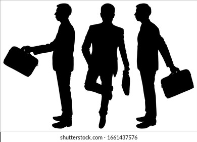 Vector illustration of a male silhouette in a suit. Man with a briefcase runs, front view. Businessman takes a briefcase while holding out hand forward, backward. Set of three black shadow silhouettes