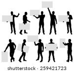 Vector illustration of male silhouettes holding blank sign.