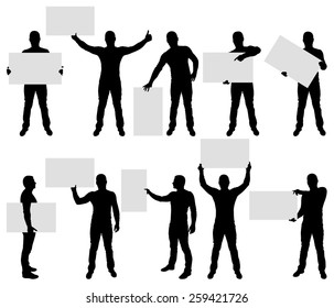 Vector Illustration Of Male Silhouettes Holding Blank Sign.