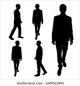 Vector illustration of male silhouettes in motion. Man in a business suit takes a step. Set of five men walking in different poses. View in full view, profile. Black silhouette on a white background.