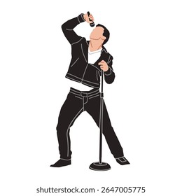 Ilustração vetorial de um cantor masculino se apresentando apaixonadamente com um microfone e stand. Ideal para música, concerto, estrela do rock ou temas de entretenimento.
