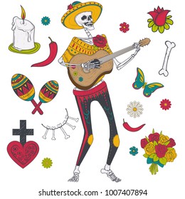 Vector illustration of male skeleton in yellow sombrero and in Mexican national clothes plays guitar, isolated on background. Day of the Dead, Dia de los Muertos, set of elements for your design