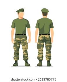 Vector illustration of a male soldier in camouflage pants, green shirt, and military cap, shown from front and back views, symbolizing army, discipline, and national defense.
