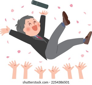 A vector illustration of a male student celebrating his graduation with a toss up.