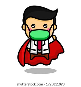 Vector Illustration of male super hero doctor wearing medical mask and cape