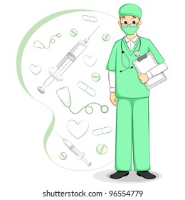 vector illustration of male surgeon on medical background