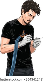A vector illustration of a male tattoo artist with a mustache and beard, wearing a black t-shirt and white gloves, looking down and carefully adjusting the needle of a tattoo machine.