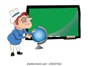Vector illustration of a male teacher with globe in front of chalkboard.