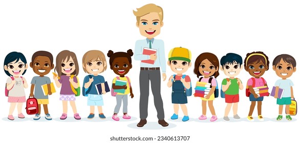 Imagen vectorial de un profesor masculino sonriendo con un grupo de niños lindos con mochilas y libros aislados listos para volver a la escuela