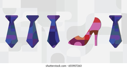 Vector Illustration Of Male Ties And Female Shoe For Gender Equality And Team Work Concepts