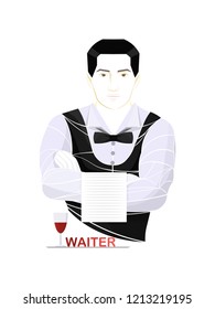Vector illustration of a male waiter in a formal uniform with a bow tie, holding a menu and a glass of wine. Professional restaurant staff character in modern flat style.