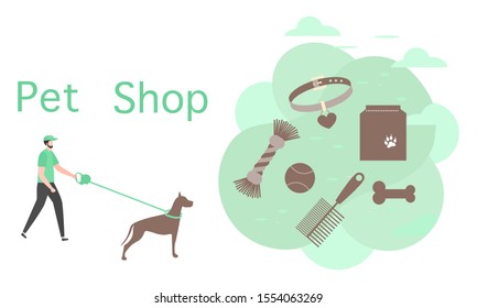 Vector illustration Male walking with dog on leash Pet Shop Pet care accessory Food, collar, bone, comb, toy Design element for website, banner, landing page, poster, print