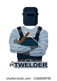 Vector illustration of a male welder in a protective helmet and overalls holding welding tools. Industrial worker character isolated on white, stylized in modern flat style.
