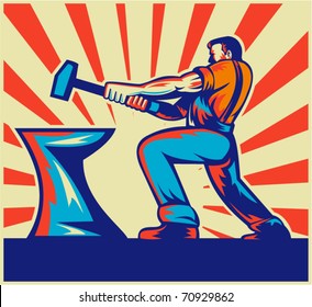 vector illustration of a male worker or blacksmith striking hammer and anvil with sunburst in background done in retro style