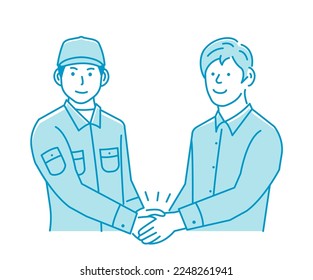 Vector illustration of a male worker ( builder ) shaking hands with a customer