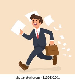 vector illustration male worker running and holding paper, happy worker run and holding paper and bag